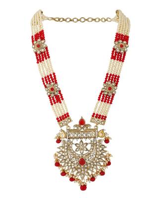 Traditional Gold Plated Red Rani Haar Style Bridal Necklace With Earring Maangtika 3