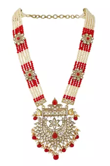 Traditional Gold Plated Red Rani Haar Style Bridal Necklace With Earring Maangtika