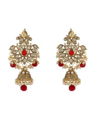 Traditional Gold Plated Red Rani Haar Style Bridal Necklace With Earring Maangtika 5