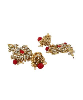 Traditional Gold Plated Red Rani Haar Style Bridal Necklace With Earring Maangtika 7