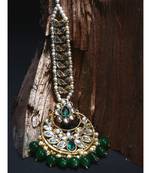 Gold Plated Green Handcrafted Pearl Kundan Maang Tikka