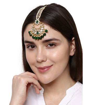 Gold Plated Green Handcrafted Pearl Kundan Maang Tikka 2
