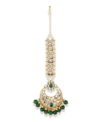 Gold Plated Green Handcrafted Pearl Kundan Maang Tikka 3