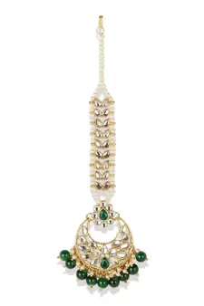 Gold Plated Green Handcrafted Pearl Kundan Maang Tikka