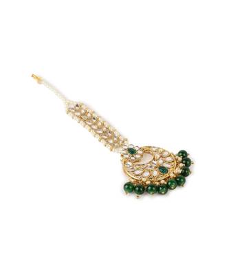 Gold Plated Green Handcrafted Pearl Kundan Maang Tikka 4