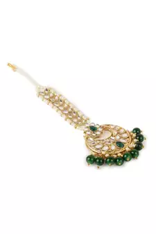 Gold Plated Green Handcrafted Pearl Kundan Maang Tikka