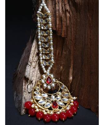 Gold Plated Green Handcrafted Pearl Kundan Maang Tikka 1