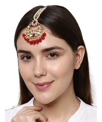 Gold Plated Green Handcrafted Pearl Kundan Maang Tikka 2