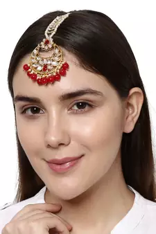 Gold Plated Green Handcrafted Pearl Kundan Maang Tikka