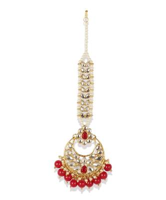 Gold Plated Green Handcrafted Pearl Kundan Maang Tikka 3