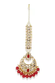 Gold Plated Green Handcrafted Pearl Kundan Maang Tikka