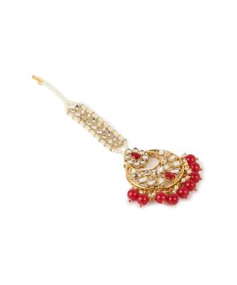 Gold Plated Green Handcrafted Pearl Kundan Maang Tikka 4