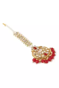 Gold Plated Green Handcrafted Pearl Kundan Maang Tikka