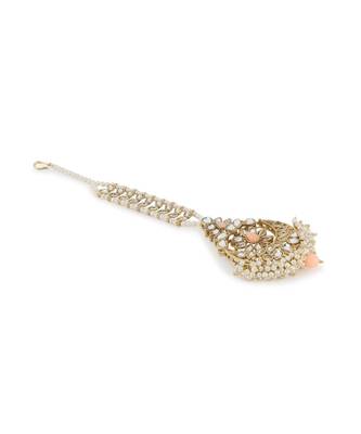 Women Gold Plated, White & Peach Coloured Kundan & Pearl Embellished Maang Tikka 3