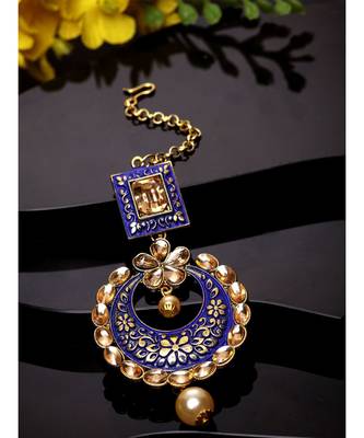 Gold Plated & Blue Stone Studded Enameled Hand Painted Traditional Maang Tikka Onesize Blue 1
