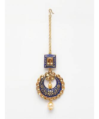 Gold Plated & Blue Stone Studded Enameled Hand Painted Traditional Maang Tikka Onesize Blue 2