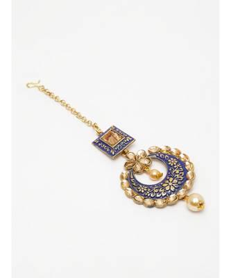 Gold Plated & Blue Stone Studded Enameled Hand Painted Traditional Maang Tikka Onesize Blue 3