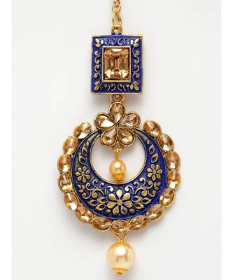Gold Plated & Blue Stone Studded Enameled Hand Painted Traditional Maang Tikka Onesize Blue 4