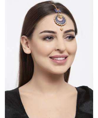 Gold Plated & Blue Stone Studded Enameled Hand Painted Traditional Maang Tikka Onesize Blue 6