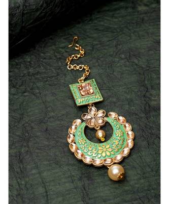 Gold Plated & Green Stone Studded Enameled Hand Painted Traditional Maang Tikka Onesize Green 1
