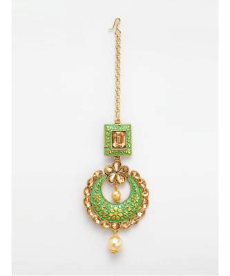 Gold Plated & Green Stone Studded Enameled Hand Painted Traditional Maang Tikka Onesize Green 2