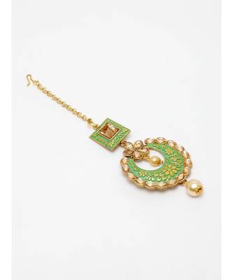 Gold Plated & Green Stone Studded Enameled Hand Painted Traditional Maang Tikka Onesize Green 3