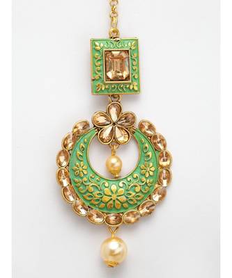 Gold Plated & Green Stone Studded Enameled Hand Painted Traditional Maang Tikka Onesize Green 4