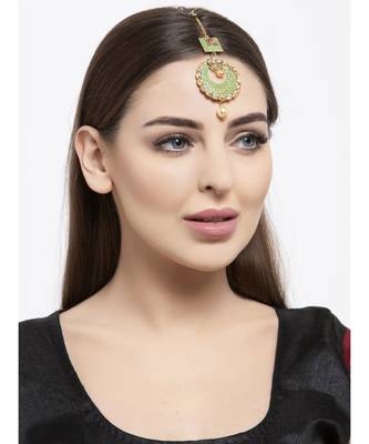 Gold Plated & Green Stone Studded Enameled Hand Painted Traditional Maang Tikka Onesize Green 6