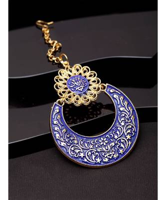 Gold Plated & Blue Enameled Hand Painted Traditional Maang Tikka Onesize Blue 1