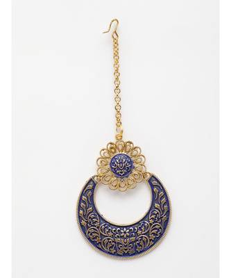 Gold Plated & Blue Enameled Hand Painted Traditional Maang Tikka Onesize Blue 2