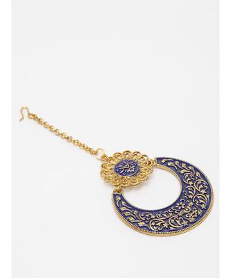 Gold Plated & Blue Enameled Hand Painted Traditional Maang Tikka Onesize Blue 3