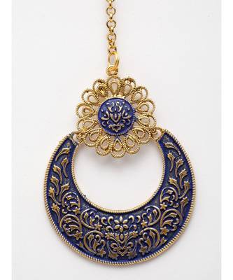 Gold Plated & Blue Enameled Hand Painted Traditional Maang Tikka Onesize Blue 4