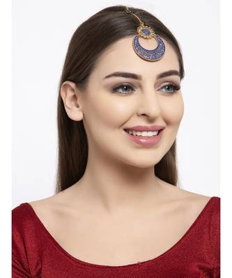 Gold Plated & Blue Enameled Hand Painted Traditional Maang Tikka Onesize Blue 6
