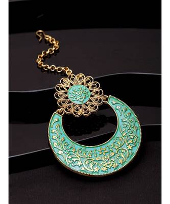 Gold Plated & Turquoise Blue Enameled Hand Painted Traditional Maang Tikka Onesize Turquoise Blue 1