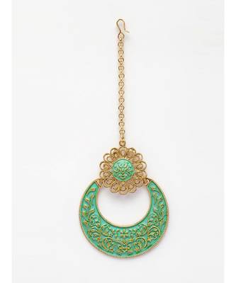 Gold Plated & Turquoise Blue Enameled Hand Painted Traditional Maang Tikka Onesize Turquoise Blue 2