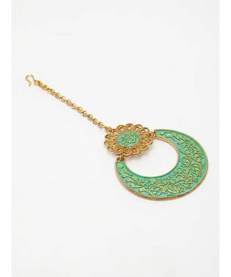 Gold Plated & Turquoise Blue Enameled Hand Painted Traditional Maang Tikka Onesize Turquoise Blue 3