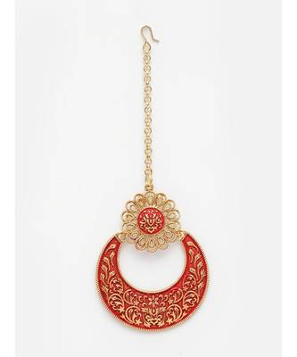 Gold Plated & Red Enameled Hand Painted Traditional Maang Tikka Onesize Red 2