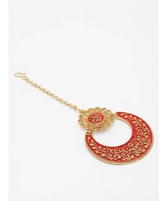 Gold Plated & Red Enameled Hand Painted Traditional Maang Tikka Onesize Red 3