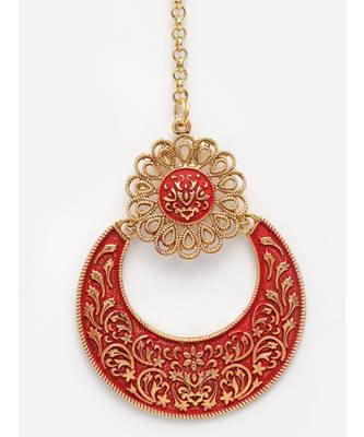Gold Plated & Red Enameled Hand Painted Traditional Maang Tikka Onesize Red 4