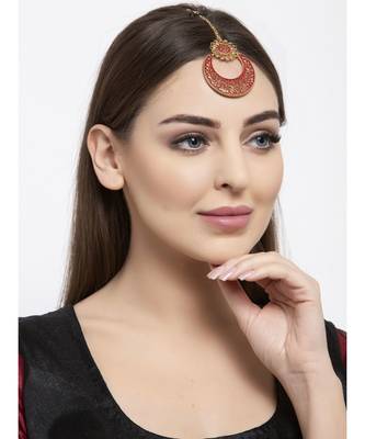 Gold Plated & Red Enameled Hand Painted Traditional Maang Tikka Onesize Red 6