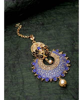 Gold Plated & Blue Studded Enameled Hand Painted Traditional Maang Tikka Onesize Blue 1