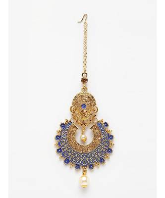 Gold Plated & Blue Studded Enameled Hand Painted Traditional Maang Tikka Onesize Blue 2