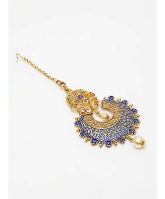 Gold Plated & Blue Studded Enameled Hand Painted Traditional Maang Tikka Onesize Blue 3