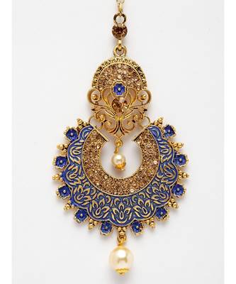 Gold Plated & Blue Studded Enameled Hand Painted Traditional Maang Tikka Onesize Blue 4