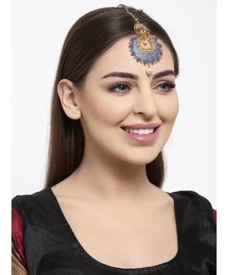 Gold Plated & Blue Studded Enameled Hand Painted Traditional Maang Tikka Onesize Blue 5