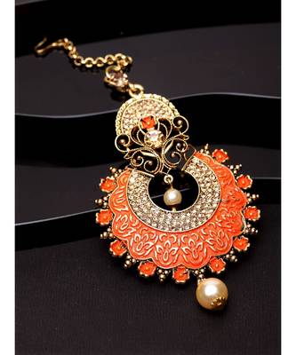 Gold Plated & Orange Colored Stone Studded Enameled Hand Painted Traditional Maang Tikka Onesize Orange 1