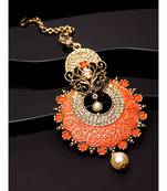 Gold Plated & Orange Colored Stone Studded Enameled Hand Painted Traditional Maang Tikka Onesize Orange