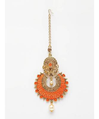 Gold Plated & Orange Colored Stone Studded Enameled Hand Painted Traditional Maang Tikka Onesize Orange 2