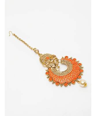 Gold Plated & Orange Colored Stone Studded Enameled Hand Painted Traditional Maang Tikka Onesize Orange 3