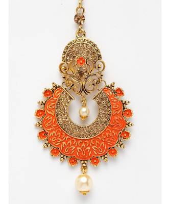 Gold Plated & Orange Colored Stone Studded Enameled Hand Painted Traditional Maang Tikka Onesize Orange 4